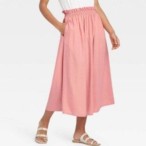 NEW Pink Sz Medium Casual or Dress Linen Blend Elastic Waist Midi Skirt